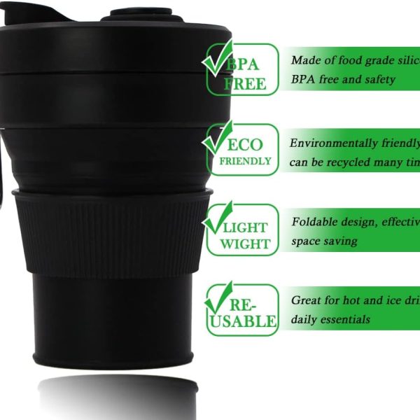 Silicone Coffee Mug Collapsible Cups for Camping Folding Travel with Straw Reusable Portable Drinking Cups Outdoor Hiking 450ml (Black-450ml, 1)